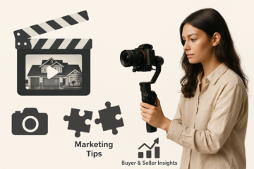 A woman with long brown hair, holding a camera, standing in front of a luxury home. The scene highlights a bright, welcoming day, capturing the essence of professional real estate content creation.