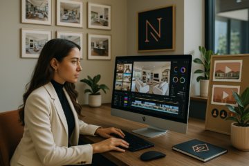 Young female real estate agent presenting a property video on a tablet, representing the use of visual storytelling in modern home listings.