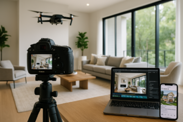 A modern real estate living room setup with professional camera equipment, a drone, and a laptop editing footage, showcasing visual content creation.