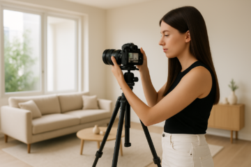 A young woman with long chestnut hair, wearing a black sleeveless top and high-waisted white pants, adjusts a DSLR camera on a tripod in a bright, modern living room. The space is filled with natural light, featuring neutral-toned decor and a beige sofa, creating a clean and minimalist atmosphere.