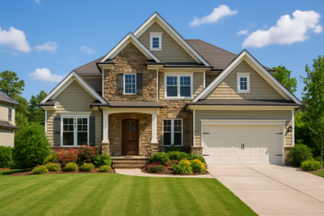 Charming two-story suburban home with a beautifully landscaped yard, showcasing vibrant flowers and shrubs, capturing the essence of a bright, open layout