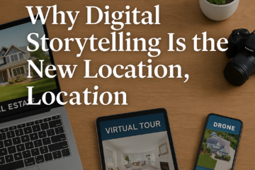 Flat lay of digital devices displaying real estate visuals, including a laptop, tablet, and smartphone, representing the concept of real estate digital storytelling.