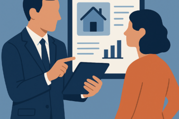 Square digital illustration showing a real estate agent and client viewing property details on a tablet, representing the modern shift in agent roles.